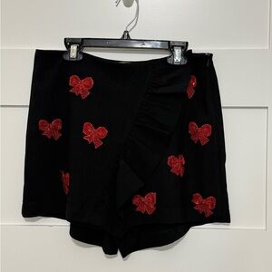 Judith March Black Mini Skirt with Red Bow Embroideries